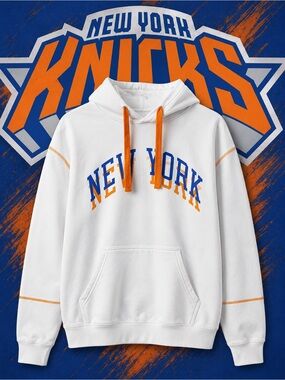 Essentials White Hoodie with Blue & Orange New York Lettering